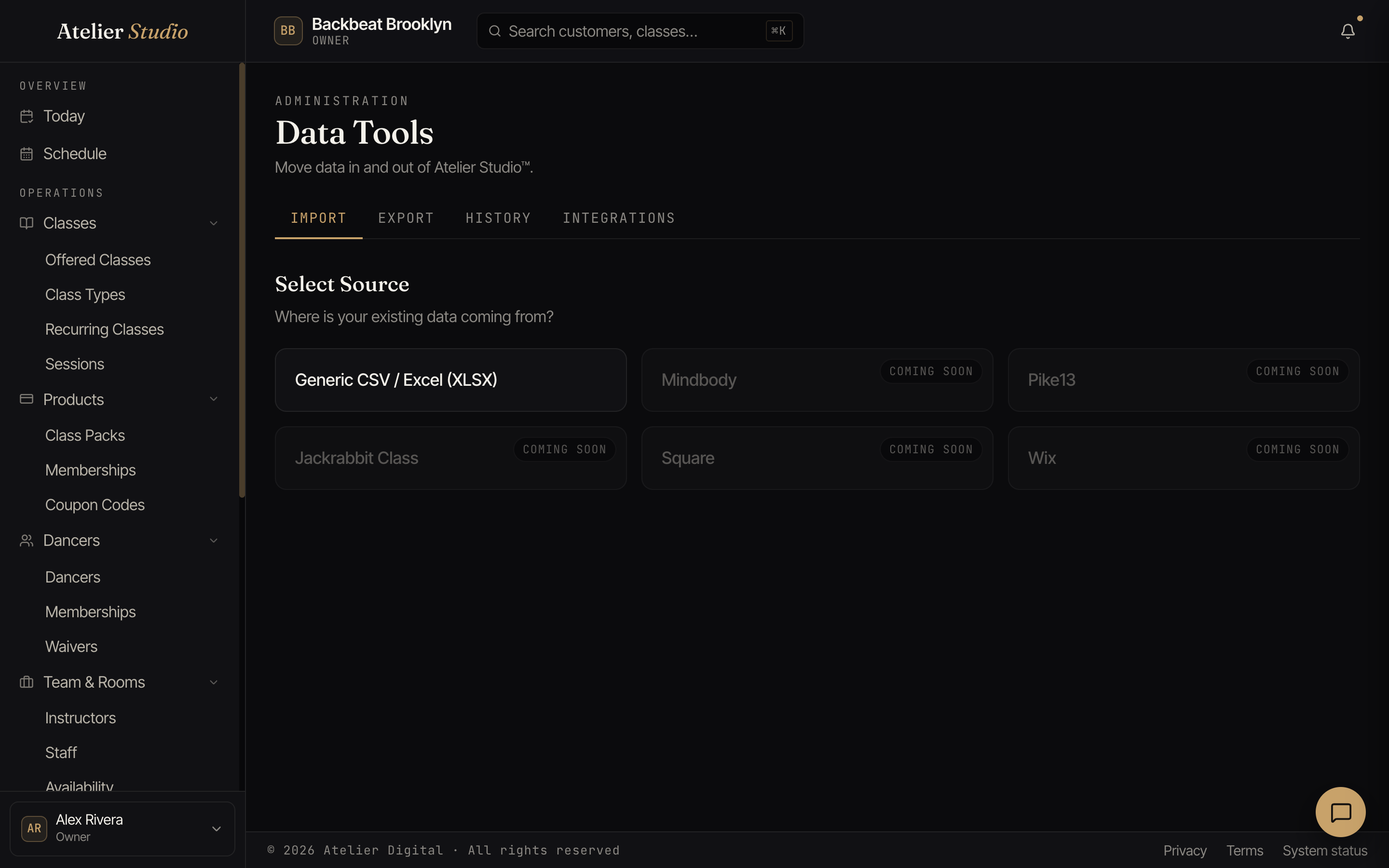 The Data Tools screen with Import, Export, History, and Integrations tabs.