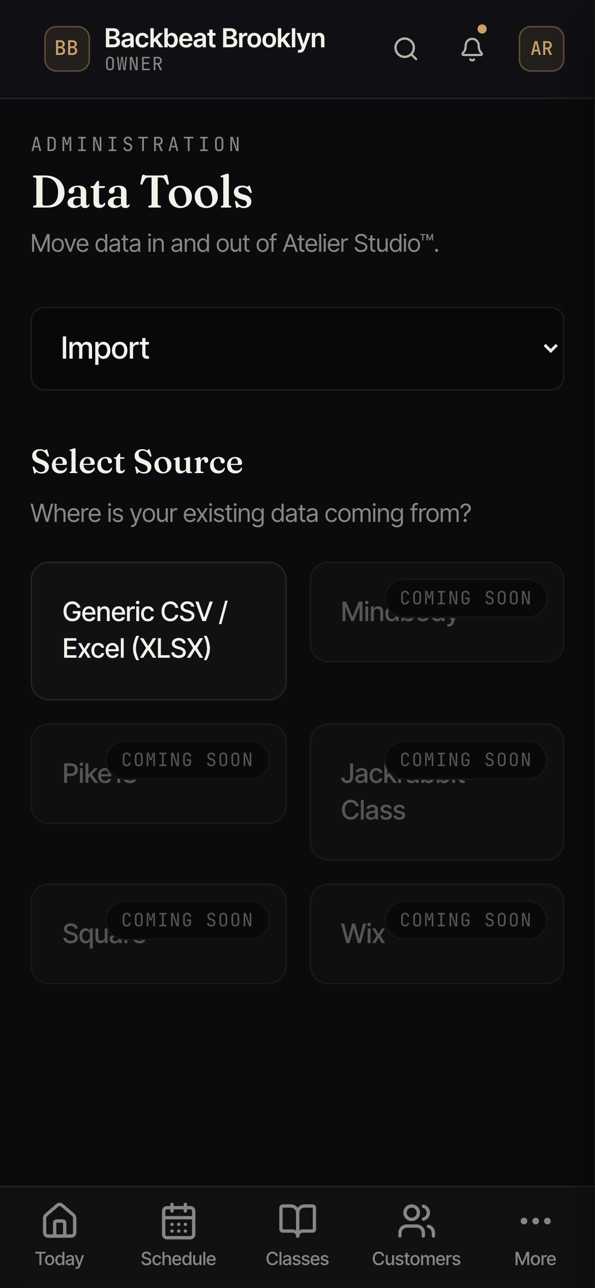 The Data Tools screen with Import, Export, History, and Integrations tabs.