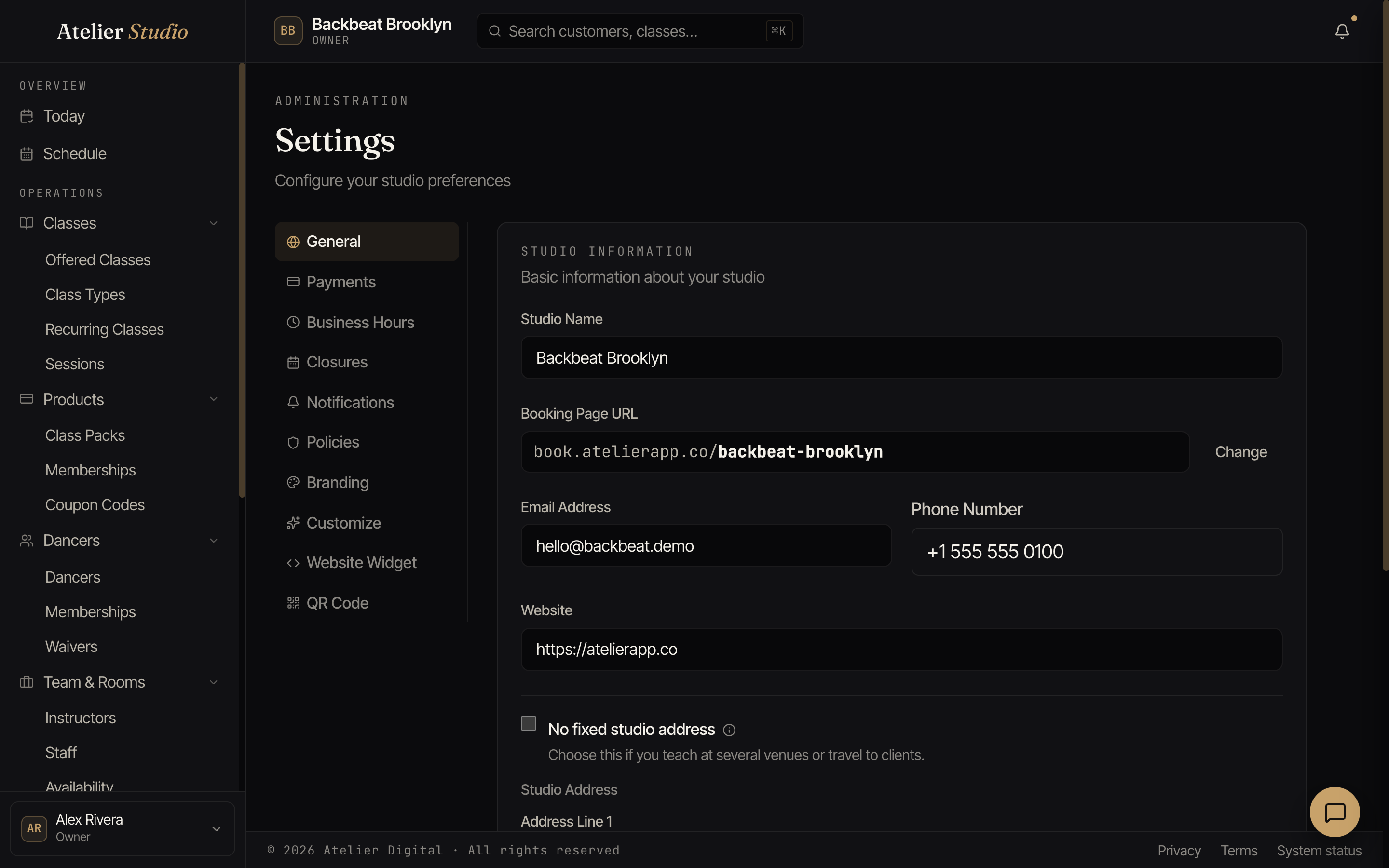 The General settings tab with studio name, booking page URL, email, phone, and address.