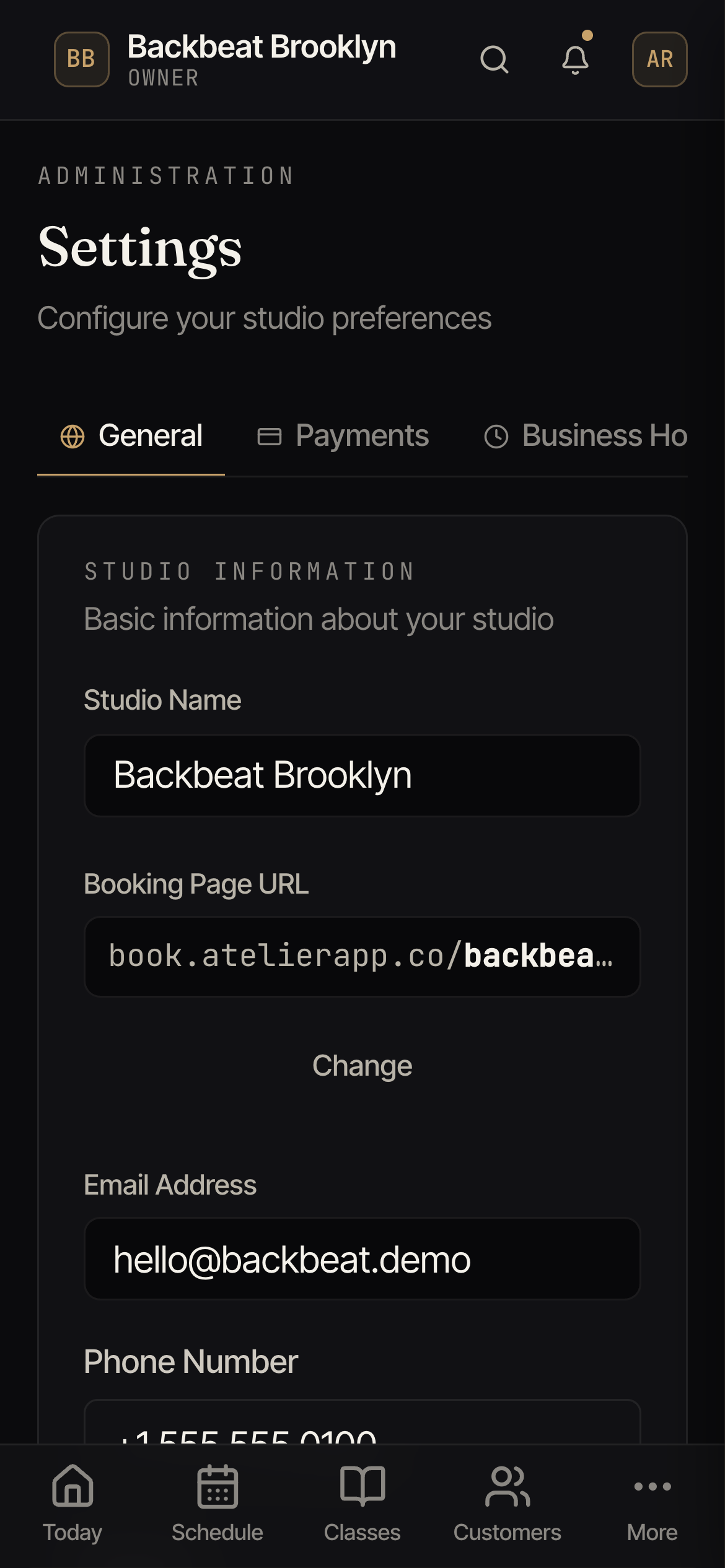 The General settings tab with studio name, booking page URL, email, phone, and address.