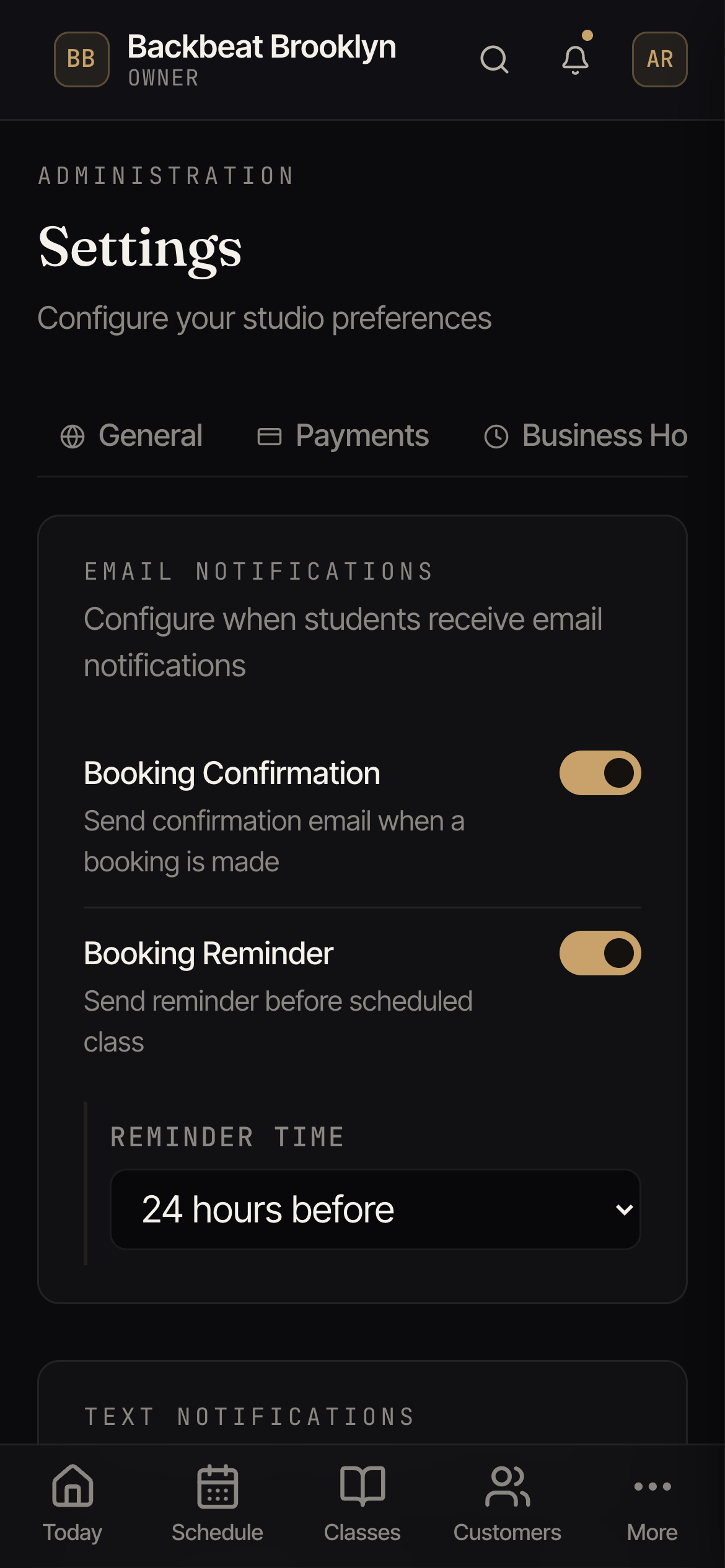 The Notifications tab where you choose which reminders and confirmations are sent.