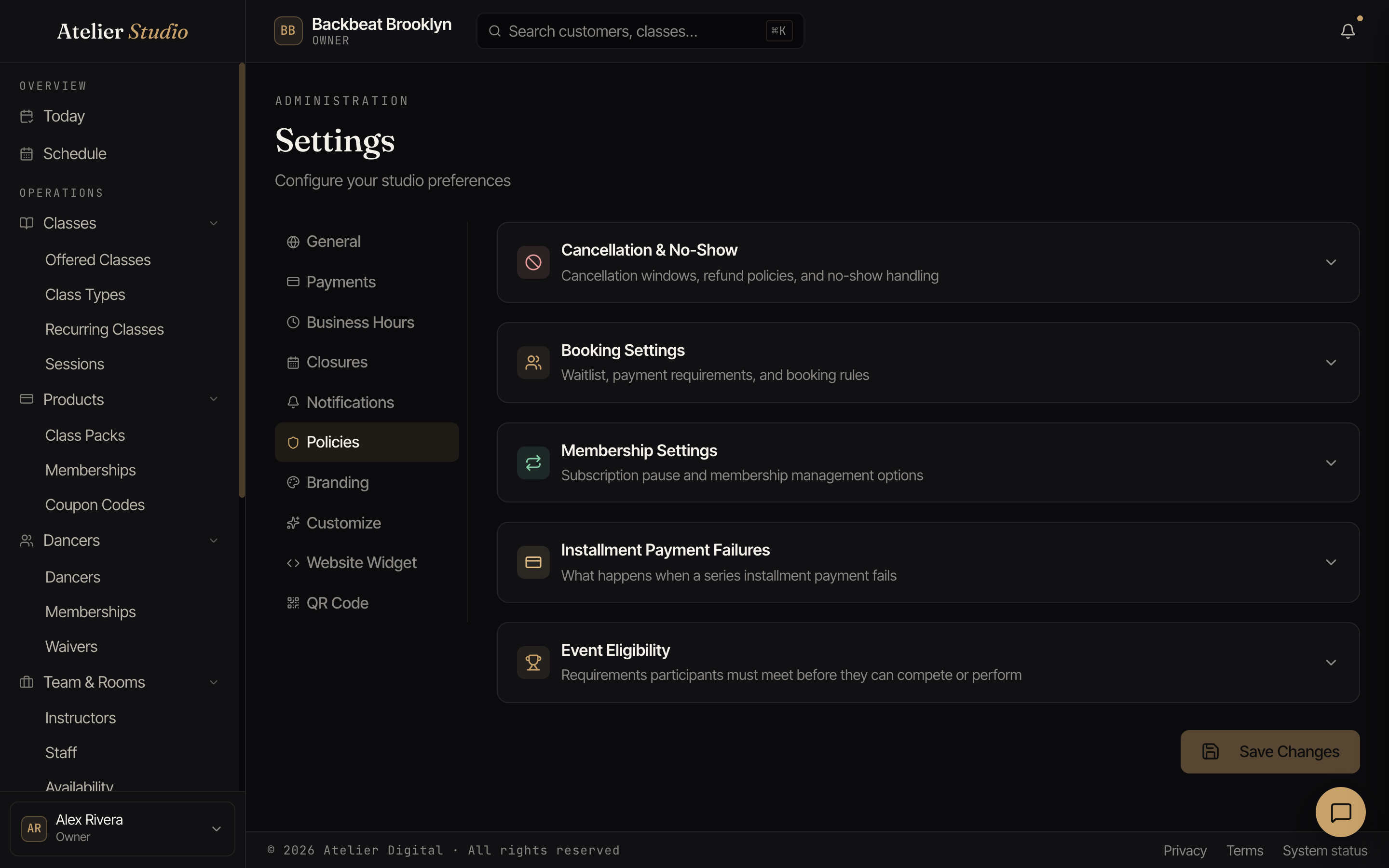 The Policies tab with sections for cancellation, booking settings, memberships, and more.