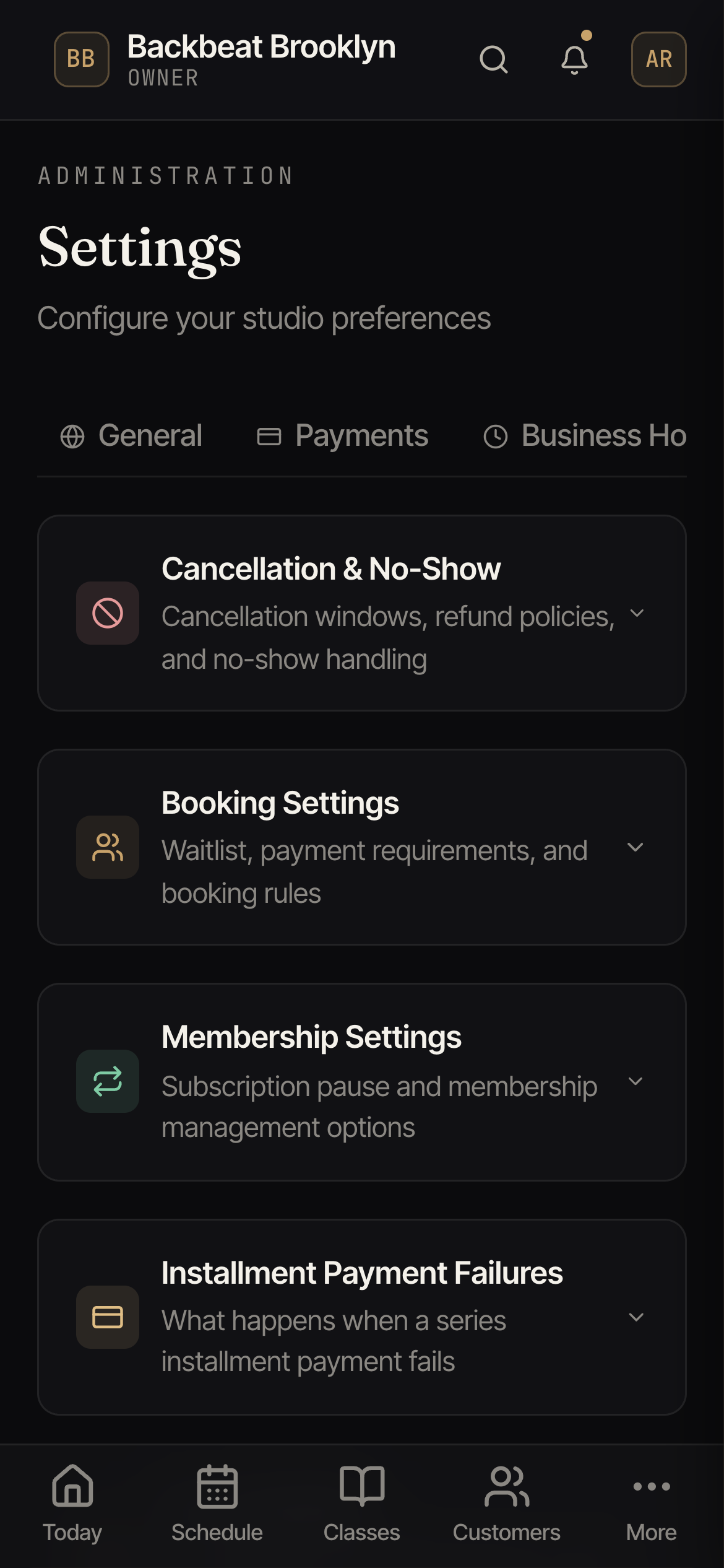 The Policies tab with sections for cancellation, booking settings, memberships, and more.