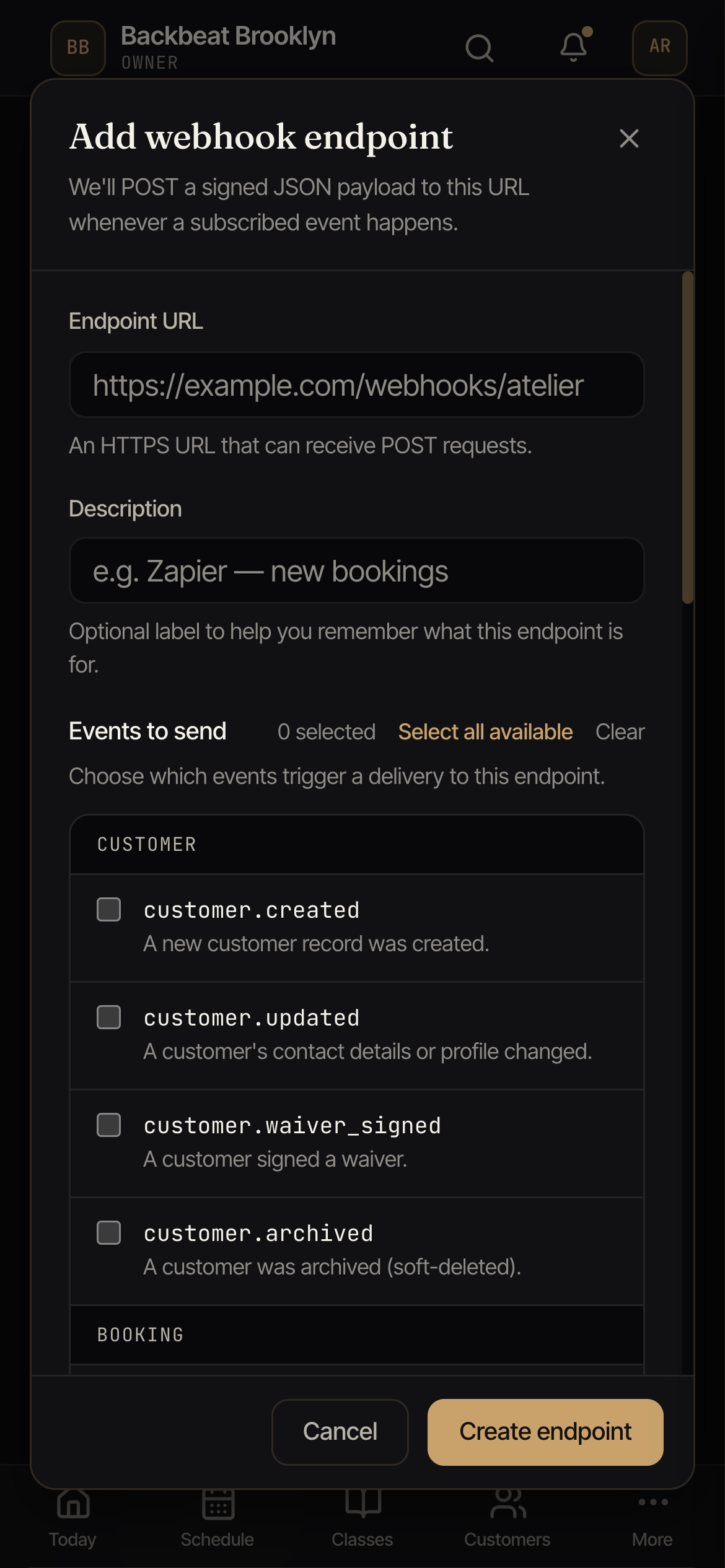 The add-endpoint window with fields for the endpoint URL and description, and an event picker grouped by category.