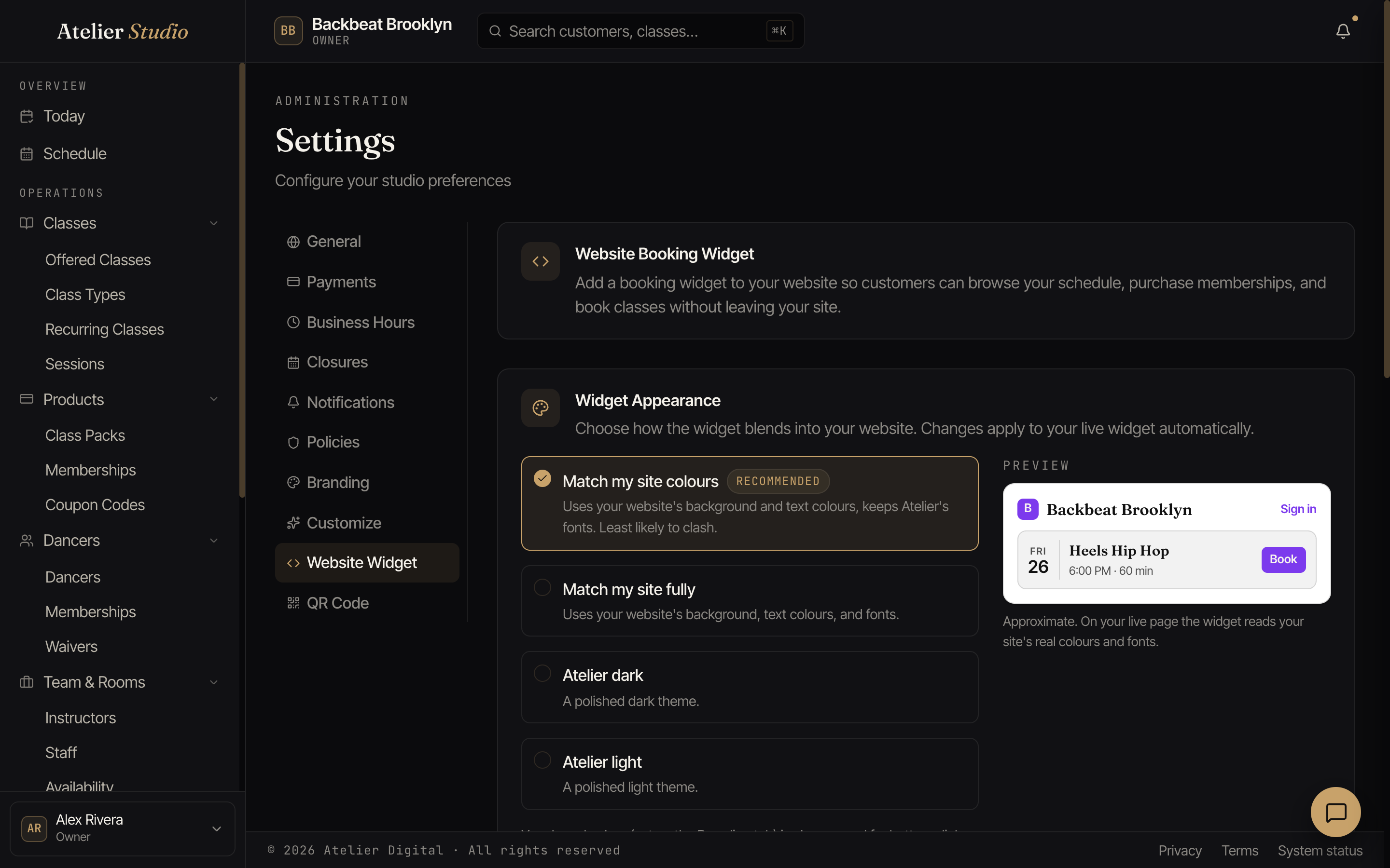 The Website Widget tab with appearance options and a live preview of the booking widget.