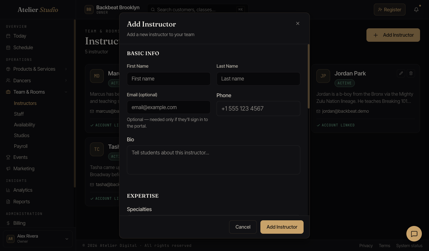 The Add Instructor form in Atelier Studio, with the email field marked optional.