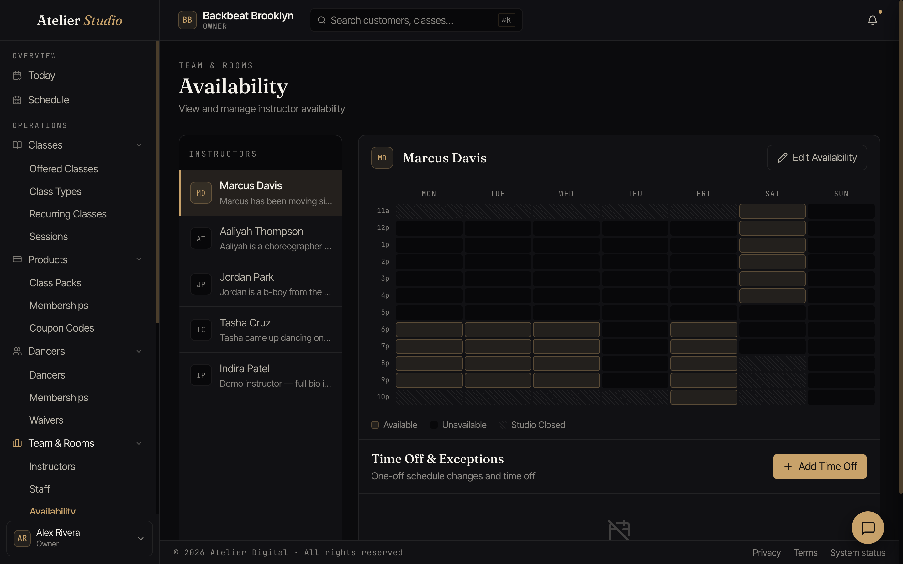 The Availability screen with a weekly grid of available hours for an instructor and a time-off section.